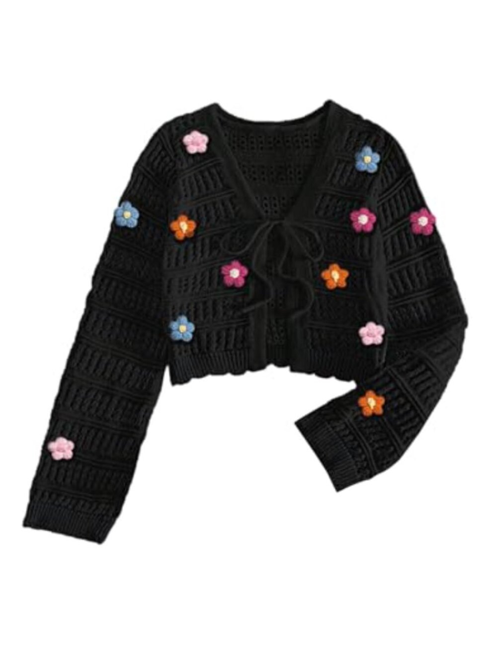 Milumia Women's Tie Front Crochet Cardigan V Neck Long Sleeve Cropped Sweater